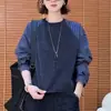 Jaqueta moletom redonda listrada em retalhos, moderna e jovem para mulheres, nova moda outono, top com design emagrecedor 13808