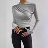 Camiseta Básica Slim-Fit Cor Sólida Estilo Europeu e Americano Transfronteiriça 2026 Design Franzido Versátil Camiseta de Manga Longa Top Feminino