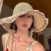 Sombrero de Paja de Ala Ancha Estilo Étnico para Mujer, Sombrero de Sol Estilo Vacaciones de Verano en la Playa, Sombrero de Pescador de Paja Adelgazante