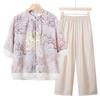 Novo Conjunto de Duas Peças de Camisa Pequena Estilo Nacional para Primavera e Verão da Mamãe Conjunto de Verão Chiffon Manga Curta para Mulheres de Meia-idade e Idosas Personalizado para Mulheres