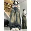 Chao Li tem em estoque jeans de perna larga curvada lavados e desgastados para mulheres, moda de rua de outono, senso de design de marca de abrasão, calças largas soltas compridas até o chão