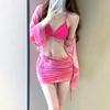 Nuevo Bikini de Cuatro Piezas Traje de Baño Dividido Estampado de Chica Caliente Femenino Pecho Pequeño Manga Larga Sexy Traje de Baño para Vacaciones en la Playa