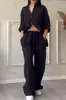 Gd2024 Conjunto de Dos Piezas de Camisa de Color Puro de Algodón y Lino Casual con Cordón y Pantalones de Pierna Ancha Transfronterizo Europeo y Americano Amazon Moda