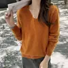 Suéter de lana para mujer, suéter con forro polar, suéter de punto liso de ajuste holgado para otoño e invierno, capa base, top de cachemira, estilo moderno, fabricante