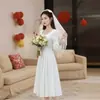 Vestido de Noiva de Gaze Branco Simples de Alta Qualidade para Registro de Certificado Manga Longa Vestido de Aniversário à Noite Petite