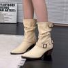 Botines Blancos de Tacón Alto Estilizados de Estilo Coreano para Mujer, Botas de Punta Versátiles para Otoño e Invierno, Impresionantes Botines Gruesos hasta la Mitad de la Pantorrilla