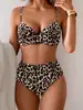 Bikini de Color Sólido Estilo Nuevo Europeo y Americano Traje de Baño 2026 Estampado de Leopardo Multicolor de Cintura Alta Push-Up Verde Militar