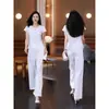 Conjunto de Terno Estilo Francês Suave para Mulheres Verão Cintura Marcada Patchwork Manga Curta Calça Wide Leg de Cintura Alta Conjunto de Duas Peças