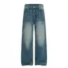 Calça Jeans Reta com Rebites para Homem, Estilo Streetwear Americano, Lavagem Vintage, Modelagem Solta, Calça de Pernas Largas Lavada e Desgastada