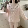 Pijama de Terciopelo Coral para Mujer, Estilo Princesa Otoño e Invierno, Forro Polar, Espesado, Encaje, Manga Larga, Cálido, Conjunto de Ropa para el Hogar para Mujer