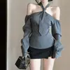 Elegante Diseño Europeo y Americano de Nicho Cuello Elegante Camisa de Manga Larga para Mujer Tirante Sexy Hombros Descubiertos Rayas Top Versátil
