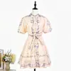 Vestido corto de manga abullonada estampado marca Z con cinturón de corbata de un solo botón, vestido adelgazante para vacaciones en la playa con estampado floral
