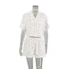 Otoño e Invierno Crepé Algodón Puro Estilo Europeo y Americano Suave y Dulce Floral Manga Corta Pantalones Cortos Conjunto de Dos Piezas Moda Ropa de Casa para Mujer