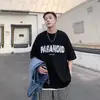 Venta Directa de Fábrica de Camiseta de Algodón de Verano para Hombre con Mangas de Tres Cuartos, Estilo Hong Kong, Cuello Redondo, Mangas Cortas, Corte Holgado, Top de Manga Media con Estampado de Letras