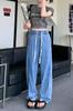 Calça jeans feminina de cintura alta com cordão e perna larga, cor clara, estilo americano, com design slim, cintura elástica, reta, calça mop, moda