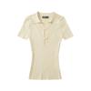 Camiseta Sexy Feminina Manga Curta Slim Fit Gola Lapela Recorte no Peito Barra Listrada Tricô Top Atacado