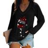 Camiseta de Manga Longa com Gola V Estampada de Taça de Vinho Vermelho, Popular de Natal Outono Europeu e Americano da Amazon para Mulheres