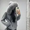 Cárdigan de punto Kaning con cuello grande de piel sintética de zorro, nuevo estilo Otoño e Invierno 2026, chaqueta corta con capucha y doble cremallera para mujer