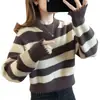 Estación Europea Otoño e Invierno Nuevo Jersey de Punto a Rayas de Color Contrastante de Cuello Redondo de Manga Larga de Estilo Perezoso Combinable para Mujer