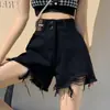 Shorts de Mezclilla Rasgados Negros para Mujer, Nuevo Estilo Verano 2026, Estilo Trendy Ins, Tallas Grandes, Pantalones Cortos Hotpants con Borde Deshilachado, Pantalones de Pierna Ancha de Cintura Alta en Línea A