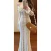 Vestido de Encaje con Cordones en un Hombro y Mangas Largas para Mujer, Falda de Cola de Pez que Ceñe la Cintura para Verano, Falda Larga Ajustada al Cuerpo que Resalta la Cadera, Estilo Pura Pasión