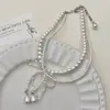 Colar Camadas Pérola Gota Laço Estilo Francês Inspirado em Chanel para Mulheres, Corrente Elegante e Delicada para Clavícula, Corrente de Pescoço da Moda de Alto Padrão