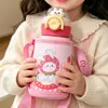 Funda de taza de dibujos animados para niños, vaso con pajita aislado al vacío, portátil para estudiantes que van a la escuela, con correa cruzada y tapa de doble uso