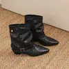 Hebilla de cinturón de cuero retro post-apocalíptica, botas de pierna de pantalón de cuero suave para mujer 2026, nuevas, punta fina, temperamento, botines, botas de montar a media pantorrilla, modernas