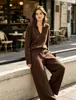 Conjunto de Duas Peças de Tricô Novo Outono e Inverno Europeu e Americano Cruzado Calça de Perna Larga Solta Suéter com Lapela Conjunto Casual Fashionável Feminino