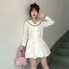 Vestido de Nueva Colección Primavera y Otoño Estilo Universitario con Perlas, Plisado, Bloques de Color y Cuello Azul Marino para Mujer, Vestido Corto Floral de Manga Larga con Cintura Ceñida Transfronterizo
