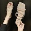 Zapatillas de Cristal para Mujer 2025 Verano Nueva Moda Sandalias Transparentes con Tira Fina de Pedrería Tacón Medio Sandalias de Celebridad de Internet Doble Uso