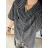 Camisa cinza de lapela com estampa espinha de peixe, manga curta, para homens e mulheres, estilo verão old money, camisa em camadas, jaqueta casual solta para casal