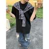 Camiseta com Gola Xale xadrez de cor contrastante, estilo falso duas peças, para homens, Nova Moda High Street 2025, Marca de Design Nicho, Top Spliced de Manga Curta