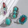 Anillo Abierto Turquesa Ajustable 4 Piezas Plata Retro Aleación Diamante Nicho Estilo de Corte Anillo para Dedo Índice para Mujeres