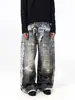 Jeans de estilo callejero americano con efecto desgastado, estampado digital 3D, estilo dos piezas falsas, para hombre y mujer, pantalones holgados de pierna ancha estilo callejero