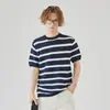 APO Ropa para Hombre Old Qian Feng Camiseta de Punto Rayada de Manga Corta para Hombre Verano Sentido Avanzado Corte Ajustado Cuello Redondo Chaqueta Interior