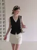 Chaleco de punto sin mangas de alta calidad con bloques de color blanco y negro, cuello en V, estilo dos piezas falsas, para mujer, verano, estilo Old Money retro, adelgazante, prenda exterior 8866