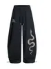 Pantalones deportivos casuales de calle con estampado de serpiente retro americano y pedrería, pantalones rectos anchos de pierna curva sueltos de hip-hop para jazz