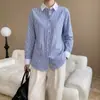 Nueva camisa a rayas de color block estilo miu para mujer de principios de otoño, versátil, casual, cómoda, transpirable, en stock para venta al por mayor y uso diario.