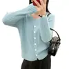 Chaqueta tipo cárdigan de punto con cuello en V en color azul lago para mujer, otoño e invierno, de alta gama, corte entallado y pequeño.