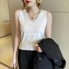 Camiseta Regata de Seda Gelada com Decote V para Mulheres, Roupa de Exterior de Verão, Suéter Sem Mangas, Cintura Fina, Top Curto Estilo Hot Girl