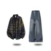 Conjunto de camisa casual masculina estiloso estilo Hong Kong, moderno para estudantes primavera e outono, corte solto com jeans, conjunto estiloso de duas peças