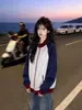 Sudadera con Capucha y Cremallera de Cuello Alto con Diseño de Personalidad de Calle de Alta Gama de Tendencia Americana Patchwork Bloques de Color Chaqueta Top de Otoño para Mujer