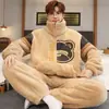 Conjunto de pijama masculino para outono e inverno, espesso, quente, com gola alta, corte solto, plus size, com zíper, adequado para usar como roupa externa