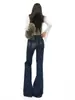 YECHUAN # Calça jeans flare de cintura baixa para mulheres, estilo retrô americano de outono, corte justo, calça boca de sino azul escuro para garotas petites e estilosas