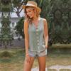 Comércio Exterior Transfronteiriço Feminino Verão Novo Produto Cardigan Colete Gola Coração Europeu e Americano Botão Casual Sem Mangas Algodão e Linho Top