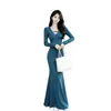 Elegante vestido longo de manga comprida com decote em V estilo francês para mulheres, nova coleção de primavera, acinturado, emagrecedor e que realça a silhueta, estilo sereia
