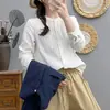 Camisa blanca de algodón de doble capa para bebé niña, capa base de manga larga, artística, fresca, un bolsillo, cuello mao, top holgado