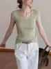 Top de punto de manga corta con cuello en U para mujer, nuevo de verano 2023, camiseta básica ajustada