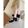 ¡Stock Listo Enviado en Segundos! Zapatos Mismo Estilo Mamá Uva Punta Cuadrada Pulidos Retro Correa Cruzada Piel de Vaca Tacón Grueso Planos Primavera